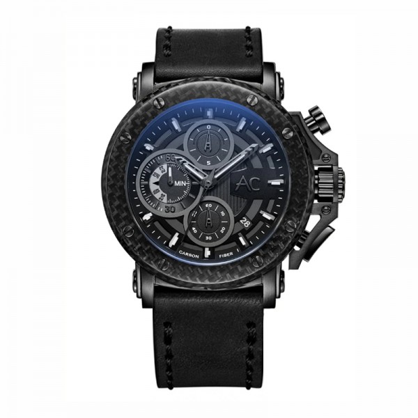 Alexandre Christie AC 9205 Full Black Leather Carbon Ring MCLEPBAGL Alexandre Christie AC 9205 Full Black Leather Carbon Ring MCLEPBAGL